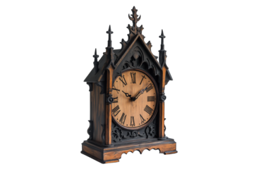 Dark Gothic Wooden Clock Illustration Isolated Transparent Background