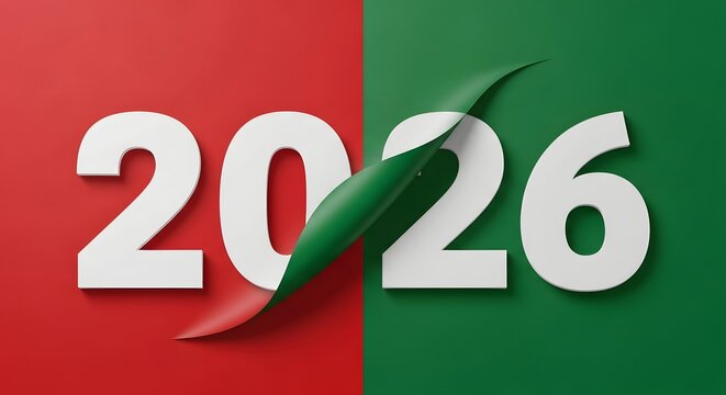 2026 Year Numbers Transitioning from Red to Green with a Peeling Effect change