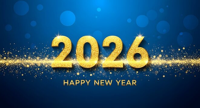 Golden 2026 Happy New Year text with sparkling particles and bokeh on blue background celebration
