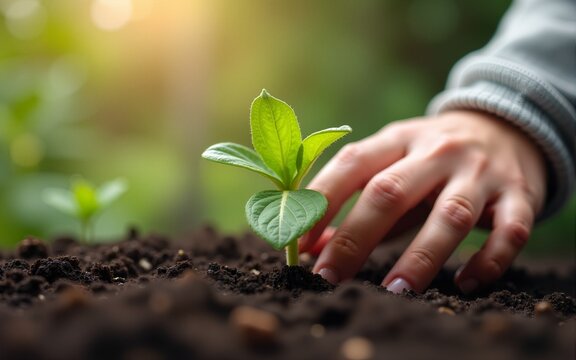 A young seedling sprouting in a community garden nurtured by caring hands. High quality