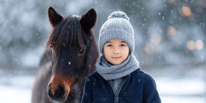 Young boy wearing a gray hat and scarf stands beside a brown horse in a snowy landscape, showcasing a joyful winter moment with soft snowfall and blurred background lights - Powered by Adobe