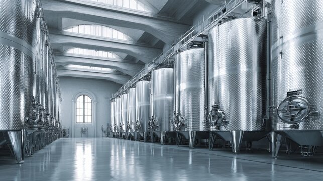 Clean Sterile Winery Interior With Modern Stainless Steel Fermentation Tanks and a Close-Up of a Wine Bottle