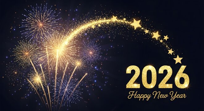 Sparkling fireworks and golden stars trail for Happy New Year 2026 celebration on dark background