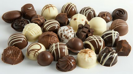 Assortment of gourmet chocolate truffles and pralines in dark, milk, and white chocolate with various decorative patterns and fillings on white background.