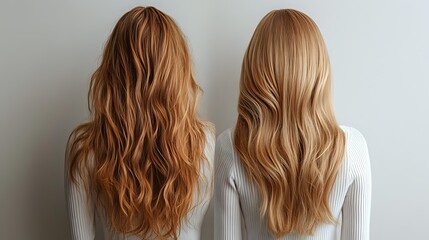 Fototapeta premium Two women with long wavy hair shown from behind, one with copper red waves and one with golden blonde waves, against neutral gray background.
