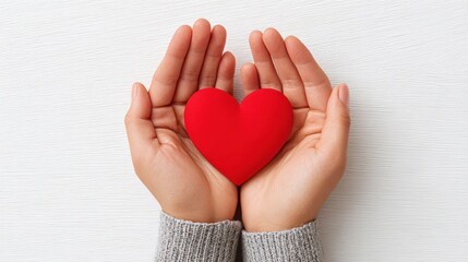 Obraz premium Hands of a woman gently cradling a vibrant red heart-shaped object, symbolizing love and care, against a textured white background, conveying warmth and affection