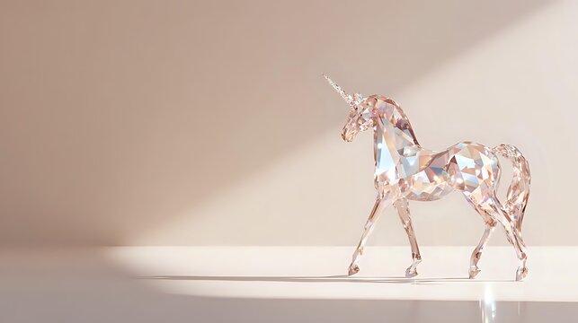 Crystal unicorn figurine on minimalist beige background with soft shadow, creating elegant decorative display for fantasy collectors and home decor enthusiasts.