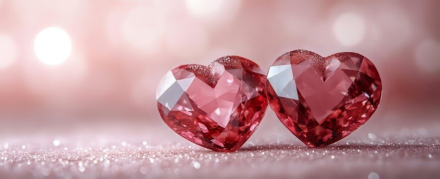 Two heart-shaped pink gemstones resting on glittery surface with soft bokeh background, symbolizing love and romance for Valentine's Day or anniversary celebrations.