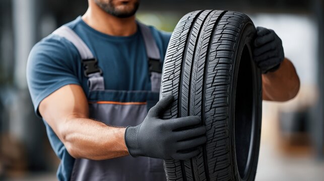 African American man in gray overalls is holding a car tire in a garage, showcasing the tire's tread pattern and demonstrating automotive expertise in a professional environment