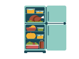 A refrigerator is filled with various foods, including a whole turkey.