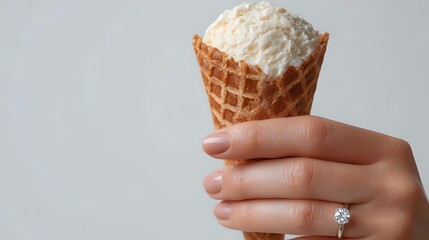 Creamy vanilla ice cream scoop in waffle cone held by woman's hand with engagement ring against neutral background, perfect for dessert advertising.
