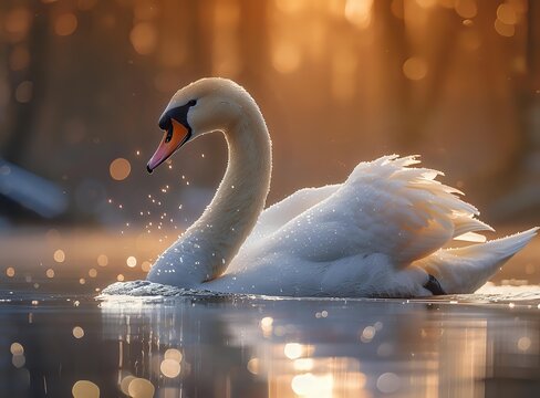 Elegant white swan swimming on misty lake at golden sunrise with water droplets and bokeh light effect creating magical atmosphere.