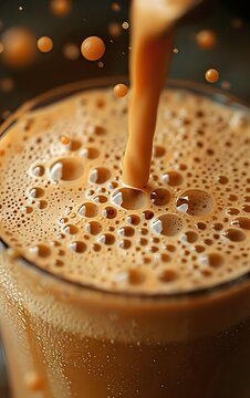 Fresh coffee pouring into glass cup creating frothy bubbles and foam, macro close-up showing rich caramel color and texture for food beverage advertising.