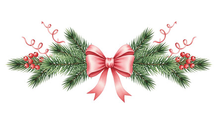 A watercolor Christmas border on a transparent background, featuring a large pink ribbon in the center and pine branches with red berries on either side.