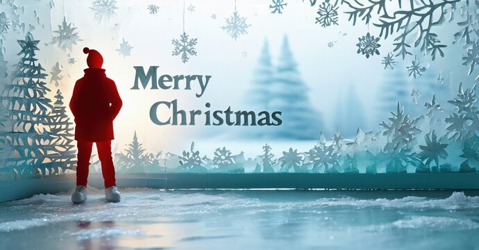 Silhouette enjoys winter scene. Festive greeting visible amidst snowy landscape. Peaceful, serene holiday moment.