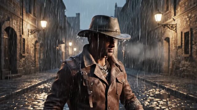 Man in brown leather jacket and fedora on rainy street at night