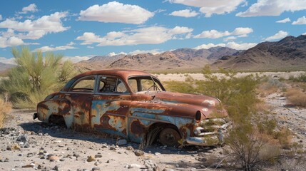 An old, rusty car sits abandoned in a desert landscape. The vehicle shows signs of decay with peeling paint and flat tires. Surrounding vegetation includes sparse bushes and rocks.