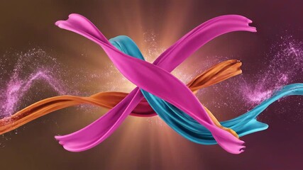 Dynamic colorful fabric ribbons flowing and intertwining in a vibrant abstract motion. - Powered by Adobe