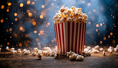 Buttery popcorn in classic red striped container against bokeh lights background, perfect for entertainment and movie night concepts.