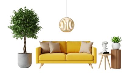 A photograph of an interior design featuring an isolated yellow sofa, a potted tree, decorative sculptures, and a modern lighting fixture on a transparent floor.