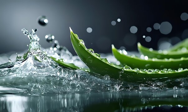 Fresh aloe vera leaf with water droplets splashing on dark background, showcasing natural skincare ingredient in dramatic lighting.