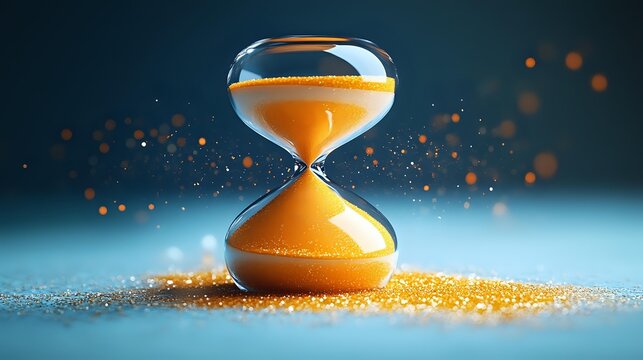 Elegant hourglass with flowing golden sand against dark blue background, symbolizing time management and deadline concept.