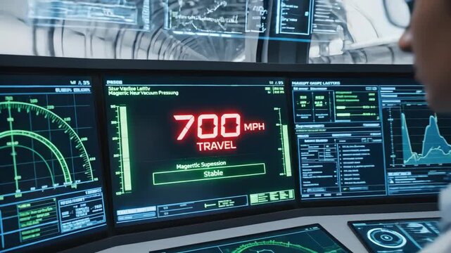 highspeed monitoring interface, futuristic teleportation hub dashboard, advanced holographic display for hyperloop supervision, control station showcasing rapid transit telemetry