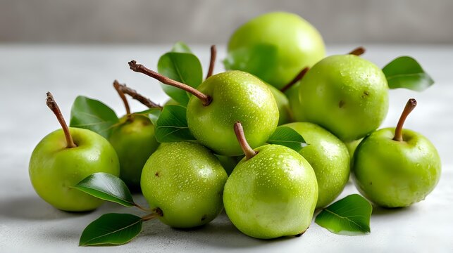 Fresh green apples with stems and leaves arranged on light surface, showcasing natural texture and vibrant color for food photography and healthy eating concepts. - Powered by Adobe
