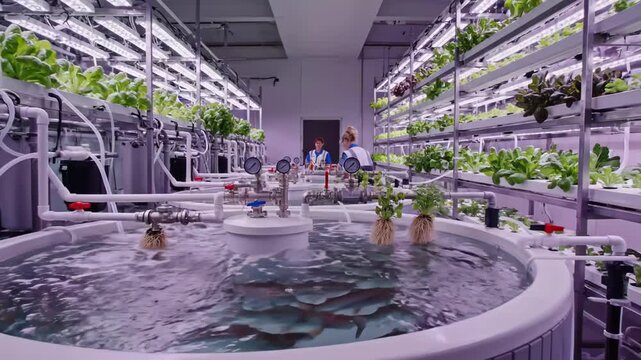 white technician adjusting flow valve farm beside circular fish tank under led racks checking pressure gauges stainless piping precise control and system maintenance in indoor vertical farm