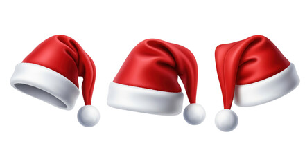 Illustration of a three-dimensional Santa Claus hat made of red and white plush fabric, isolated on a transparent background, positioned at different angles.