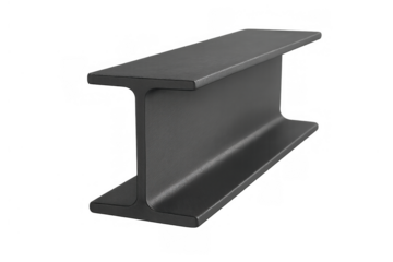 Dark gray steel i-beam lying horizontally, structural metal girder isolated on transparent background, construction material