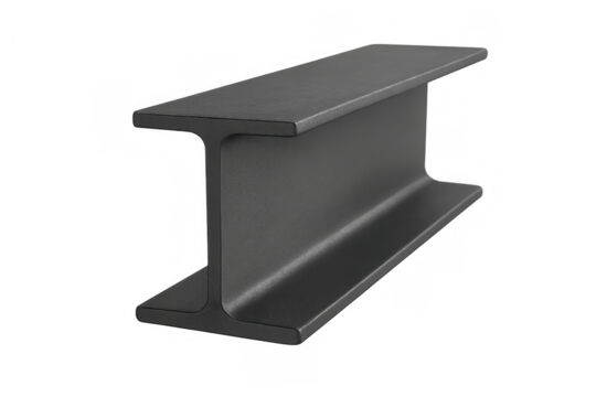 Dark gray steel i-beam lying horizontally, structural metal girder isolated on transparent background, construction material