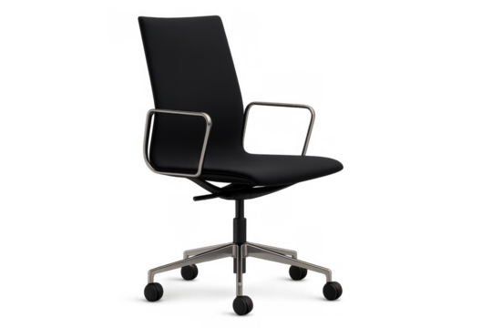 Modern black office chair with wheels and metal armrests, offering comfort and style for home or office workspace