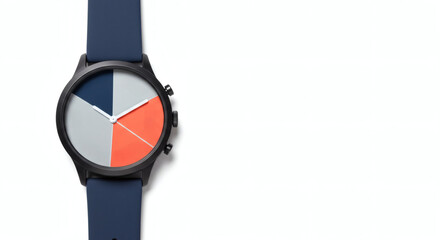 "A modern minimalist wristwatch featuring a distinct geometric dial design with pie-chart style segments in gray, navy blue, and vibrant red, perfect for fashion-forward individuals."