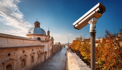 surveillance camera installed outdoors in historic area