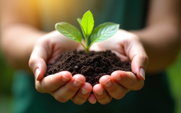 Earth Day Image: Human Hand Holding Soil with Green Plant. High quality