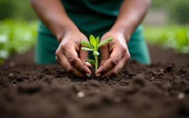Hands in the Earth: A close-up shot focusing on dark hands carefully tending to young seedlings in rich, dark soil.  The image conveys a sense of connection to the land and the hard work of farming.
