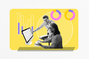 Collage design composite trend artwork sketch of young man help aged woman computer monitor strategy marketing corporate business meeting