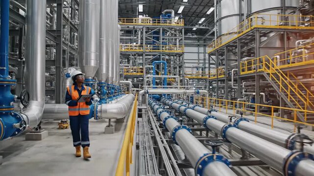 technician using tablet to inspect blue valve assembly and pipeline network, wearing safety vest and helmet, digital readouts, complex stainless piping and elevated walkways