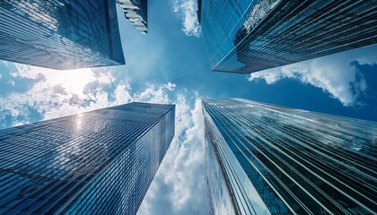 a stunning view of towering glass skyscrapers reflecting the blue sky and clouds creating a captivating urban landscape