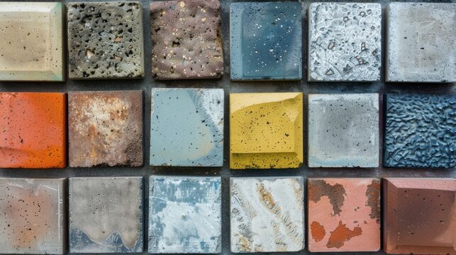 A collection of various textured tiles in different colors and patterns. The tiles include shades of gray, orange, yellow, and blue, showcasing unique surface details.