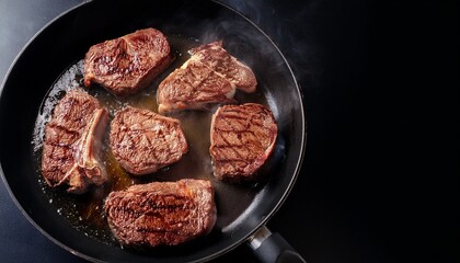 multiple pieces of marbled steak cooking in a skillet