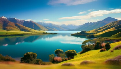 sunny summer landscape with a sparkling lake rolling hills and distant peaks in new zealand radiating pristine natural allure