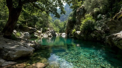 Tranquil turquoise mountain pool surrounded by lush forest and rocky cliffs, creating a serene natural oasis for nature photography.
