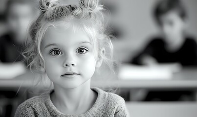 Young blonde girl with expressive eyes in classroom setting, monochrome portrait showing innocence and curiosity against blurred background of other students.
