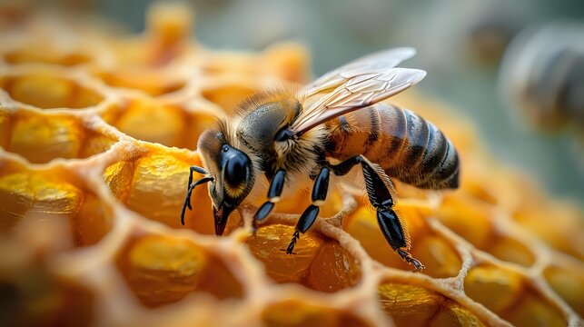 Honey bee worker collecting nectar on golden honeycomb cells in beehive, macro photography showing detailed insect anatomy and natural honey production. - Powered by Adobe