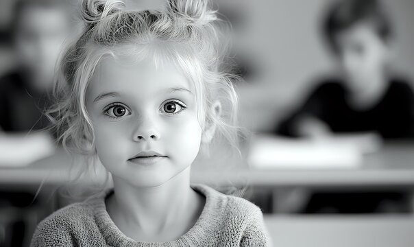 Young blonde girl with expressive eyes in classroom setting, monochrome portrait showing innocence and curiosity against blurred background of other students.