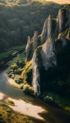 Majestic cliffs embrace a tranquil river delta bathed in golden sunlight serene landscape photography