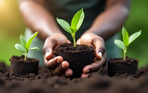 African person's hands nurturing young green plant seedlings in pots with overlaid digital growth graphs. High quality - Powered by Adobe