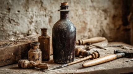 Dusty Carpenter Table With Wine Bottle and Tools Ready for Woodworking Project in Old Workshop